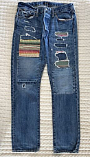 Polo Ralph Lauren Varick Slim Straight Desert Patchwork Ripped Blue Jeans 34x34